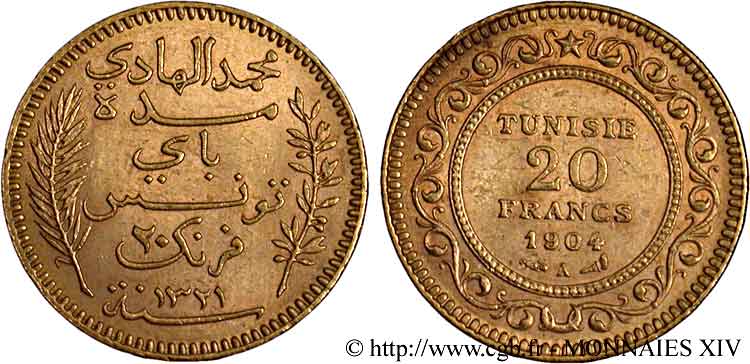 TUNISIA - FRENCH PROTECTORATE - MOHAMED EN-NACEUR BEY 20 Francs or AH 1321 = 1904 Paris XF 