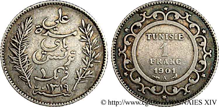 TUNEZ - PROTECTORADO FRANCES - ALI BEY 1 franc AH 1319 = 1901 Paris MBC 