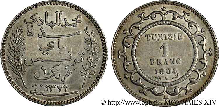 TUNISIA - FRENCH PROTECTORATE - MOHAMED EN-NACEUR BEY 1 franc AH 1322 = 1904 Paris AU 