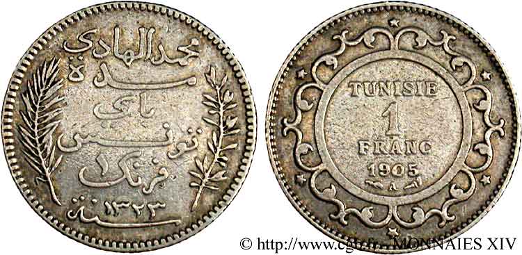TUNISIA - FRENCH PROTECTORATE - MOHAMED EN-NACEUR BEY 1 franc AH 1323 = 1905 Paris XF 