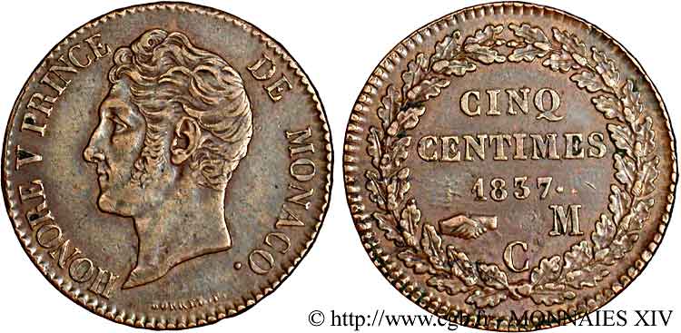 MONACO - HONORÉ V Cinq centimes 1837  SS 