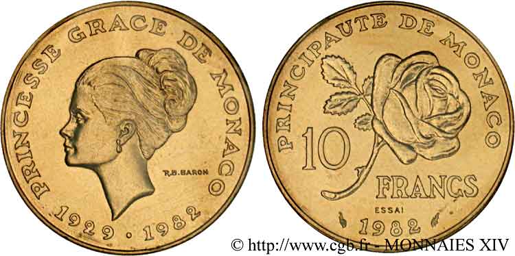 MONACO - PRINCIPALITY OF MONACO - RAINIER III Essai de 10 francs Grace de Monaco 1982 Paris MS 