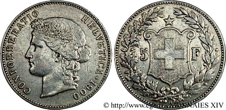 SWITZERLAND - HELVETIC CONFEDERATION 5 francs 1900 Berne S 