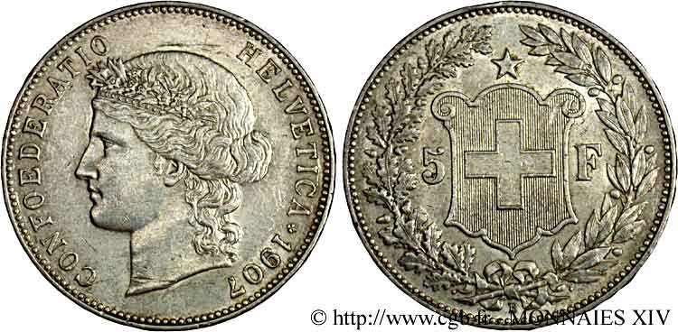 SWITZERLAND - CONFEDERATION OF HELVETIA 5 francs 1907 Berne AU 