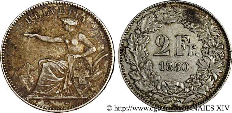 SWITZERLAND - CONFEDERATION OF HELVETIA 2 francs 1850 Paris XF 