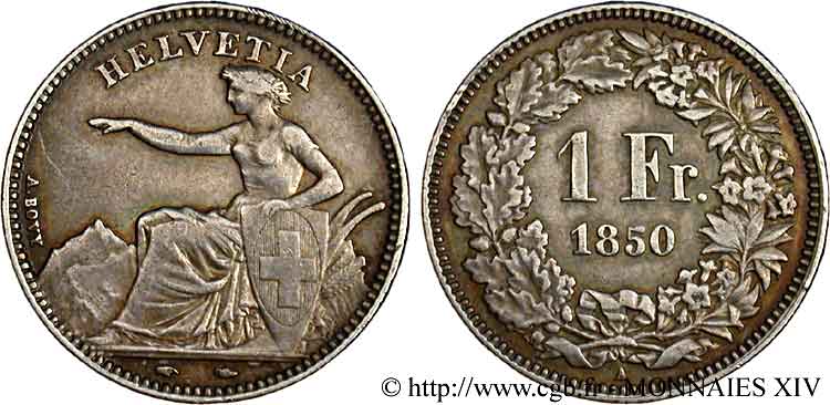 SWITZERLAND - HELVETIC CONFEDERATION 1 franc 1850 Paris XF 