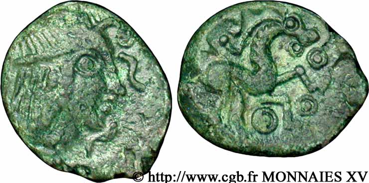 GALLIA BELGICA - AMBIANI (Región de Amiens) Bronze au cheval et à la tête aux cheveux calamistrés EBC