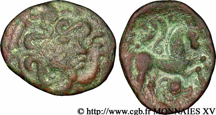GALLIA BELGICA - AMBIANI (Región de Amiens) Bronze au cheval et à la tête coupée MBC