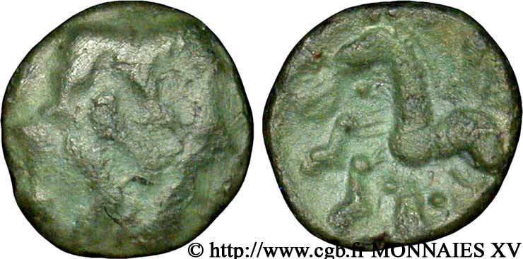 GALLIA BELGICA - AMBIANI (Región de Amiens) Bronze aux loups affrontés et au cheval BC/BC+