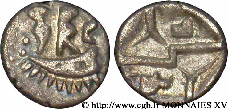 BRITTANY - DUROTRIGES Quart de statère d’argent, type géométrique “Durotrigan E”, déformation du type au bateau AU