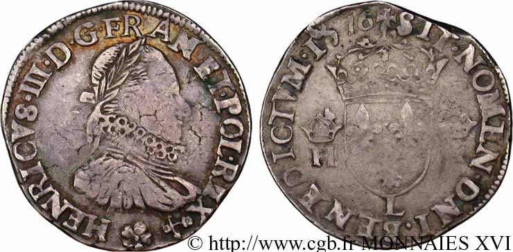 HENRY III Teston, 3e type (variété au col gaufré) 1575 (MDLXXV) Nantes VF
