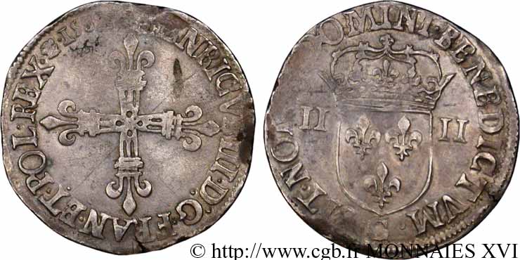 HENRI III Quart d écu, croix de face 1587 Saint-Lô TTB+