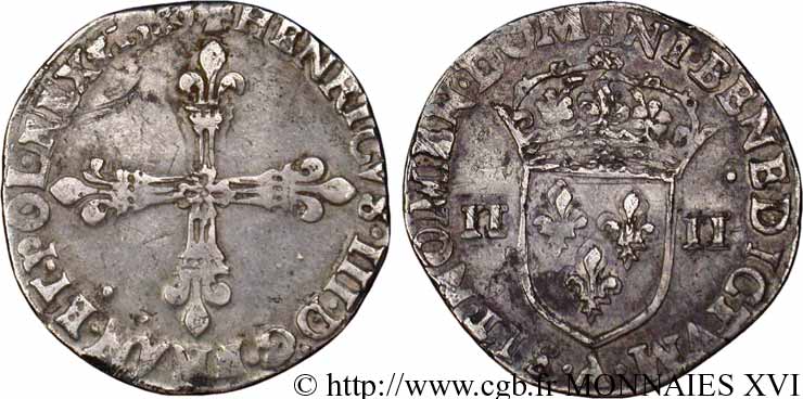HENRY III Quart d écu, croix de face 1589 Paris MBC
