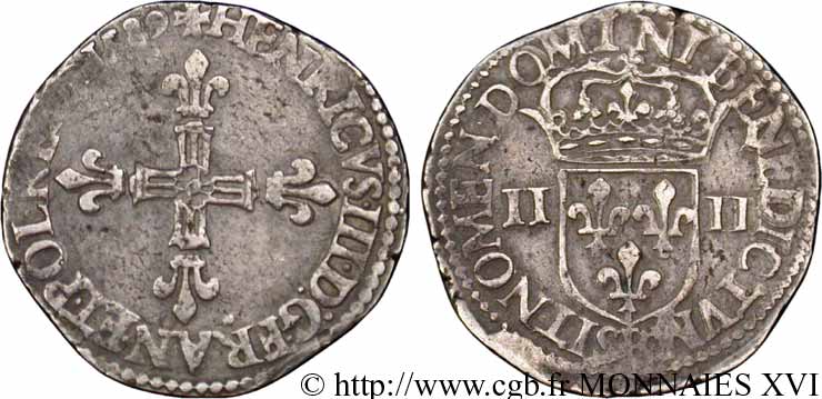 HENRY III Quart d écu, croix de face 1589 Rouen XF