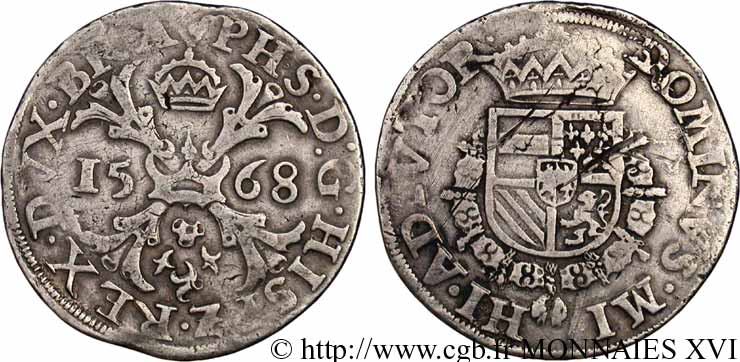SPANISH NETHERLANDS - DUCHY OF BRABANT - PHILIP II Écu de Bourgogne 1568 Anvers VF