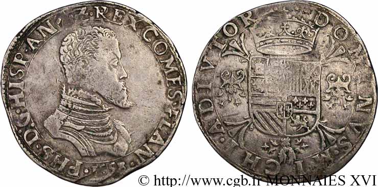 SPANISH NETHERLANDS - COUNTY OF FLANDERS - PHILIP II OF SPAIN Écu philippe ou daldre philippus 1558 Bruges XF