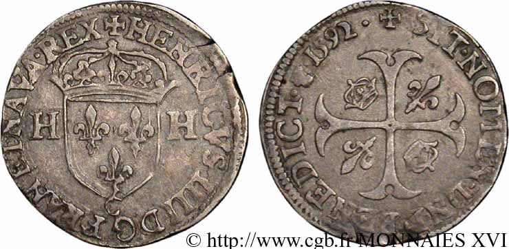HENRI IV LE GRAND Douzain aux deux H, 2e type 1592 Saint-Lô TTB