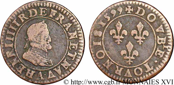 HENRI IV LE GRAND Double tournois, type 2 1599 Paris, Moulin des Étuves TB+