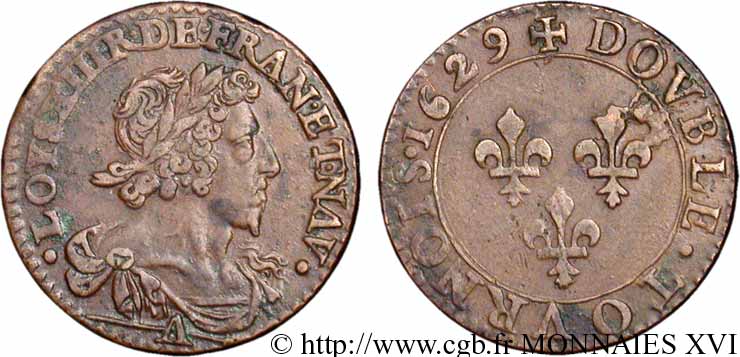 LOUIS XIII LE JUSTE Double tournois, type 7 1629 Paris TTB+