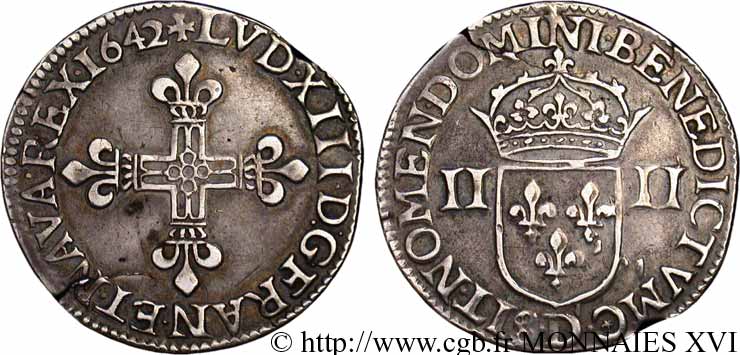 LOUIS XIII  Quart d écu, à la croix fleurdelisée, titulature côté croix 1642 Lyon fVZ