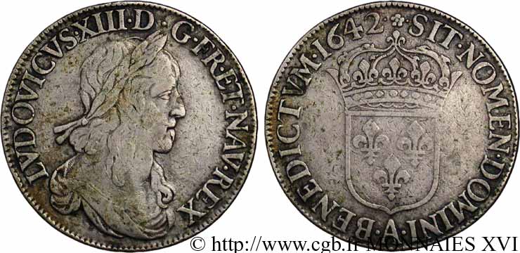 LOUIS XIII LE JUSTE Écu d’argent, 2e type, 1er poinçon de Warin 1642 Paris, Monnaie de Matignon TB+