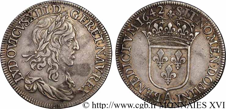 LOUIS XIII LE JUSTE Demi-écu, 2e type, 1er poinçon de Warin 1642 Paris, Monnaie du Louvre TTB/TTB+