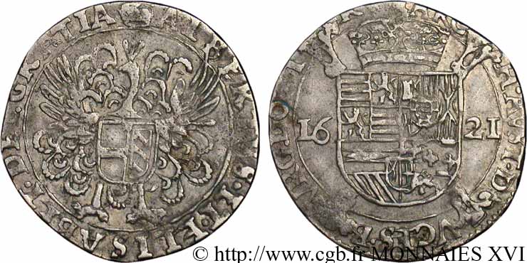 SPANISH NETHERLANDS - TOURNAI - ALBERT AND ISABELLA Escalin au paon de six sols 1621 Tournai XF