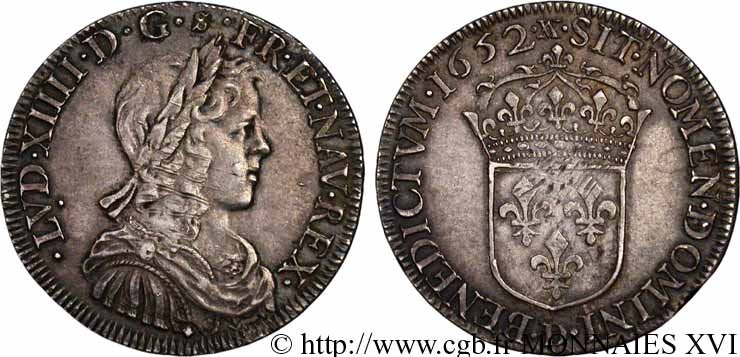 LOUIS XIV LE GRAND OU LE ROI SOLEIL Demi-écu à la mèche longue 1652 Lyon SUP
