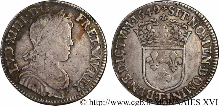 LOUIS XIV &nbsp;THE SUN KING&nbsp; Quart d&nbsp;écu d&nbsp;argent à la mèche longue 1649 Nantes BC+/MBC