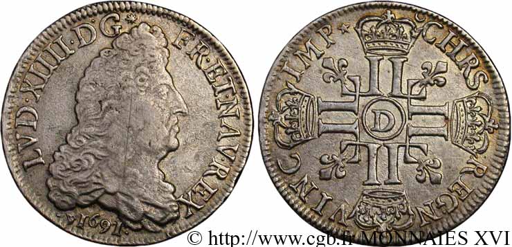 LOUIS XIV LE GRAND OU LE ROI SOLEIL Demi-écu aux huit L, 1er type 1691 Lyon TB+