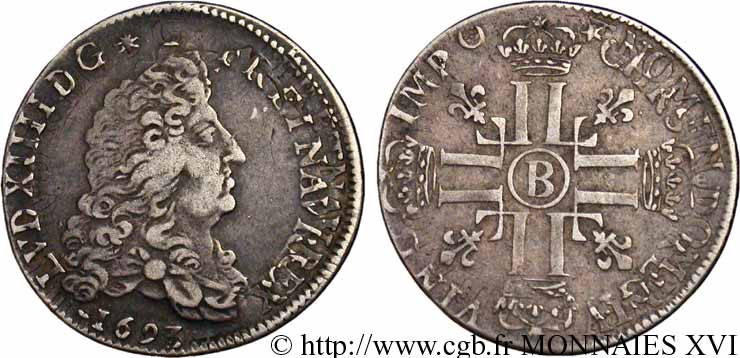 LOUIS XIV LE GRAND OU LE ROI SOLEIL Quart d écu aux huit L, 1er type, (type définitif) 1693 Rouen TB+