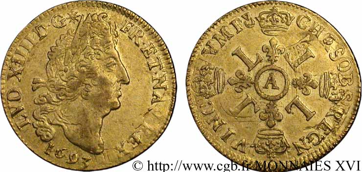 LOUIS XIV LE GRAND OU LE ROI SOLEIL Louis d or aux quatre L 1693 Paris TTB