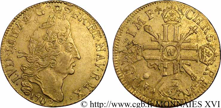 LOUIS XIV  THE SUN KING  Double louis d or aux huit L et aux insignes 1702 Lille BB