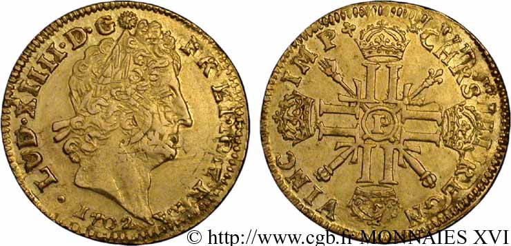 LOUIS XIV  THE SUN KING  Louis d’or aux huit L et aux insignes 1702 Dijon MBC+