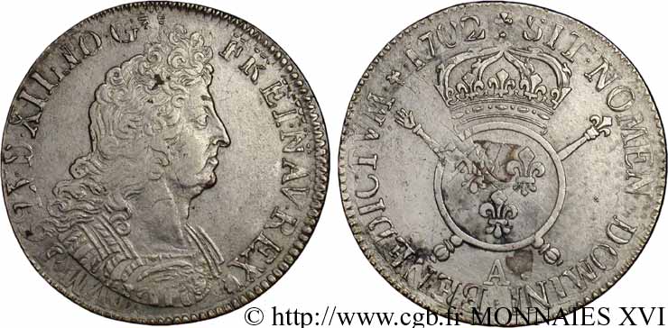 LOUIS XIV  THE SUN KING  Écu aux insignes 1702 Paris SS