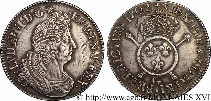 LOUIS XIV  THE SUN KING  Écu aux insignes 1702 Poitiers XF