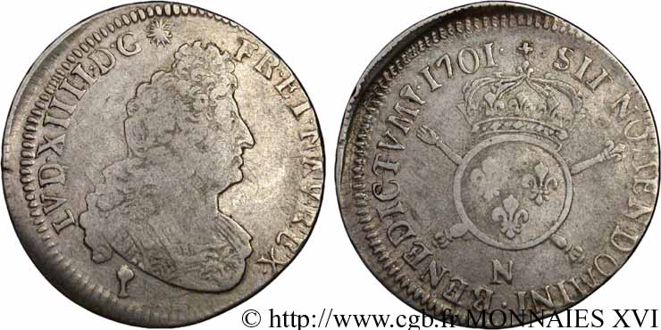 LOUIS XIV  THE SUN KING  Demi-écu aux insignes 1701 Montpellier S