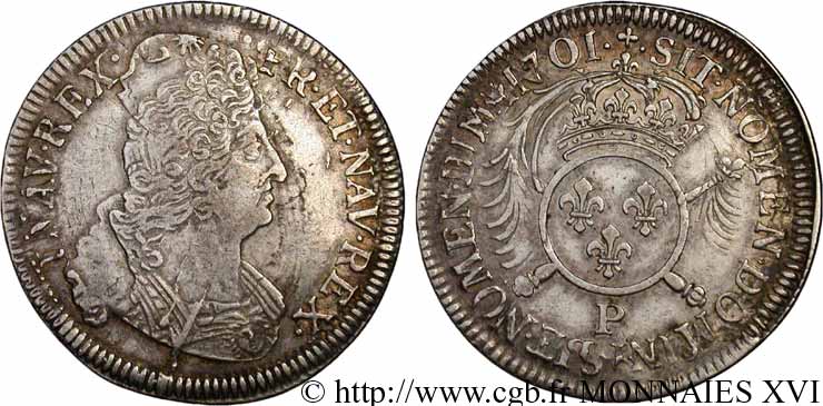 LOUIS XIV LE GRAND OU LE ROI SOLEIL Demi-écu aux insignes 1701 Dijon TTB