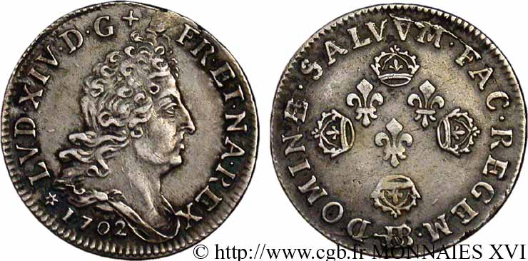 LOUIS XIV &nbsp;THE SUN KING&nbsp; Dix sols aux quatre couronnes 1702 Strasbourg fVZ