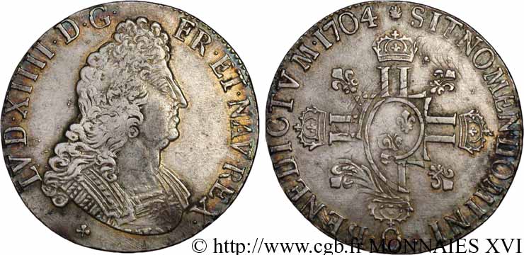 LOUIS XIV  THE SUN KING  Écu aux huit L, 2e type 1704 Riom XF