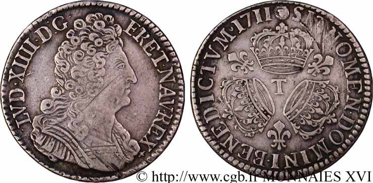 LOUIS XIV  THE SUN KING  Demi-écu aux trois couronnes 1711 Nantes XF