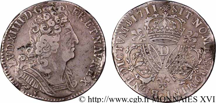 LOUIS XIV LE GRAND OU LE ROI SOLEIL Quart d&nbsp;écu aux trois couronnes 1711 Lyon TB+