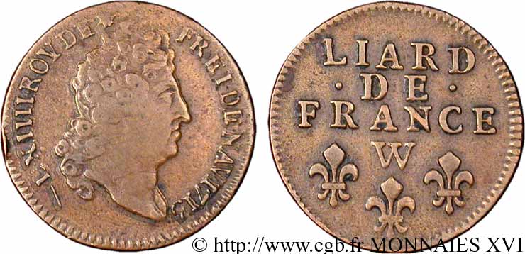 LOUIS XIV LE GRAND OU LE ROI SOLEIL Liard de France au buste nu, 4e type 1715 Lille TB+/TTB