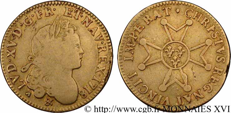 LOUIS XV &nbsp;THE WELL-BELOVED&nbsp; Louis d’or à la croix de chevalier 1718 Aix-en-Provence VF/VF