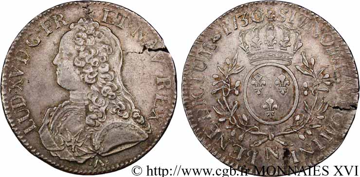 LOUIS XV DIT LE BIEN AIMÉ Écu aux branches d&nbsp;olivier, buste habillé 1730 Montpellier TTB+