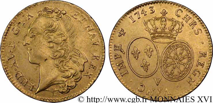 LOUIS XV THE BELOVED Double louis d’or aux écus ovales, tête ceinte d’un bandeau 1743 Troyes AU