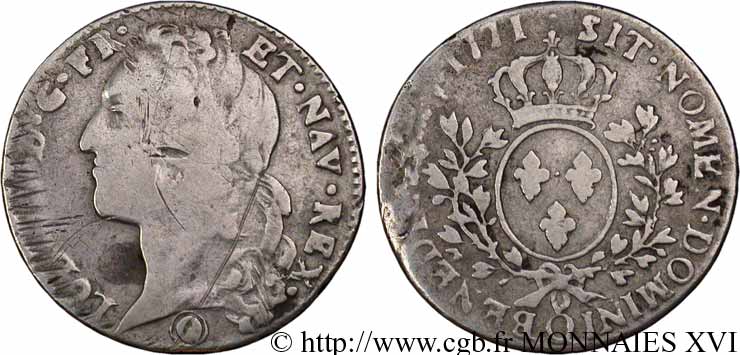 LOUIS XV DIT LE BIEN AIMÉ Demi-écu aux branches d’olivier, tête ceinte d’un bandeau 1771 Perpignan B+