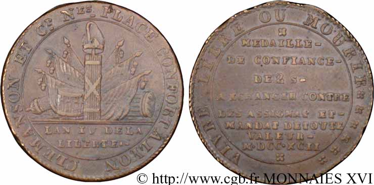 REVOLUTION COINAGE 2 sols de Clémanson au faisceau 1792 Lyon MBC+/MBC