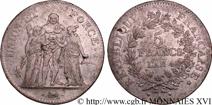 5 francs Union et Force, Union serré, avec glands intérieurs et gland extérieur 1796 Paris F.288/1 BC 