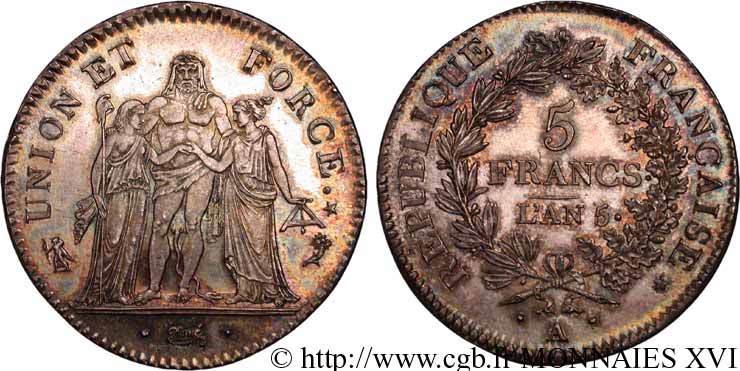 5 francs Union et Force, Union desserré, avec glands intérieurs et gland extérieur 1797 Paris F.291/3 ST 